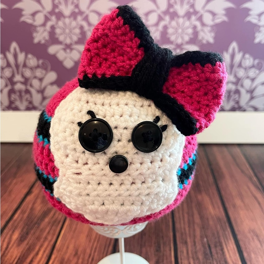 Crochet Pink, Blue and Black Striped Skull Hat